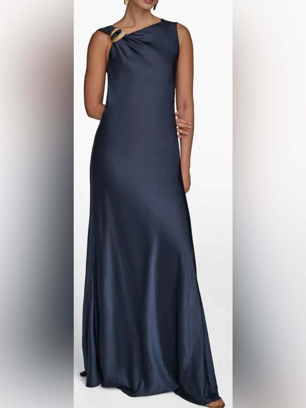 NEW DONNA KARAN Asymmetric Cowl Back Satin Sleeveless nightfall blue Gown Sz 14